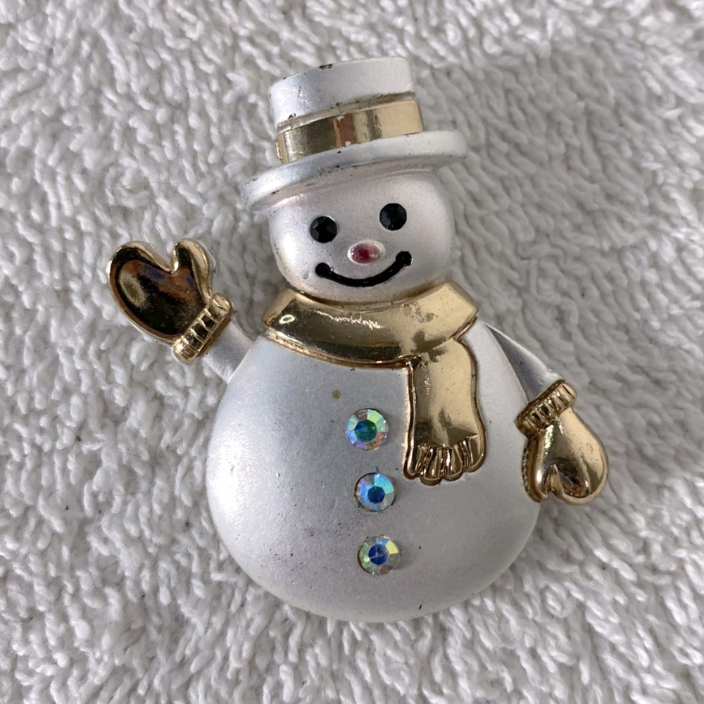 5/$35 Vintage Festive Silver Tone Snowman Brooch W Gold Accents